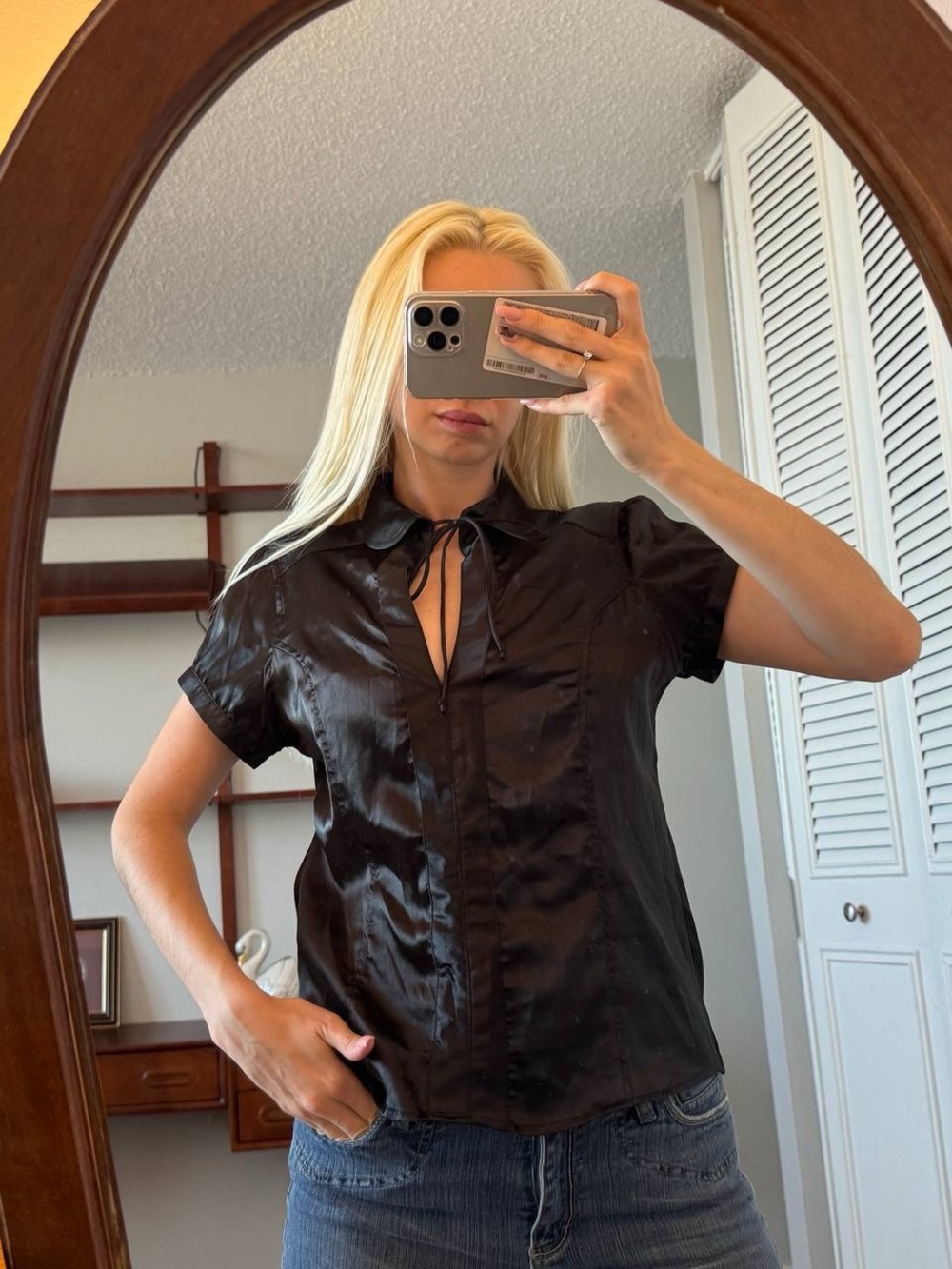 Black Short-Sleeve Satin Tie-Neck Blouse